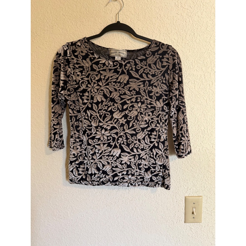 Frazier Lawrence Petite Silver Black Burnout Velvet‎ Floral 3/4 Sleeve Top Small